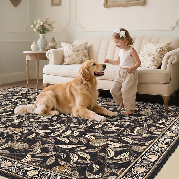 9x12 Botanical Print Washable Rugs Ultra Thin Non Slip Large Area Rug for Bedroom Living Room Ultra Thin Lightweight Cute Throw Carpet for Dining Room Table Classroom Playroom, Brown