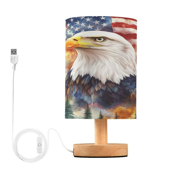 WOBOGO American Flag Eagle Tree Bedroom Table Lamp USB Power Connector Wooden Base Round Linen Shade For Living Room Desk
