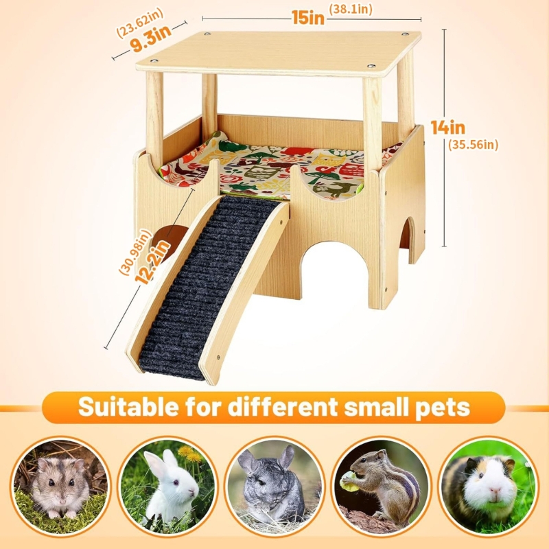 Zecic Ventilated Guinea Pigs Hideouts House Habitat Cage Playgrounds for Small Wood Rodents House 3 Entrance Hideaways With SlipProof Ramp 2 Decker Design