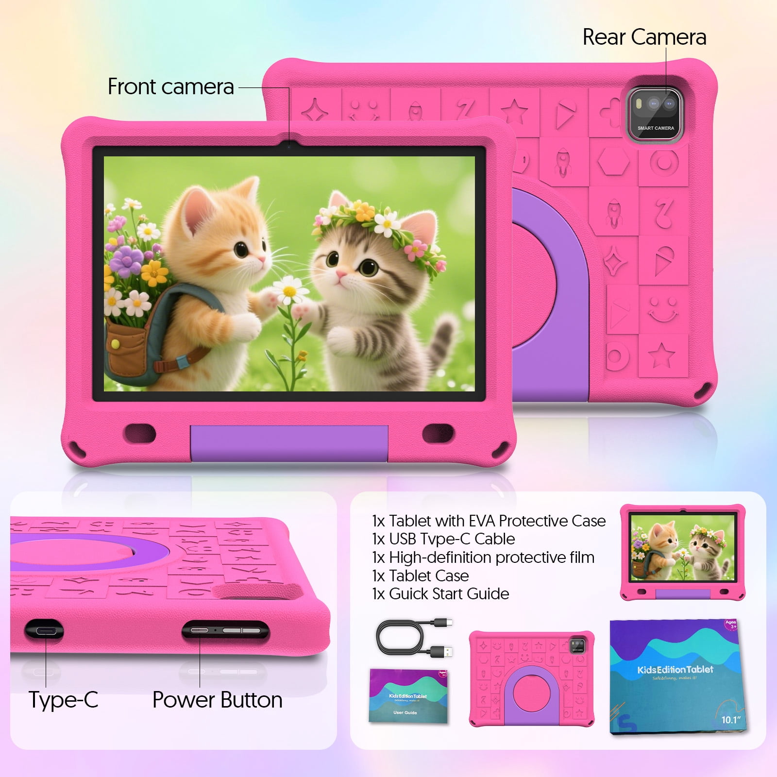 10inch Kids Tablet Android 15,1280x800 HD Ips Display Tablet with Eva Case,12GB (3g+9g) RAM+64GB Rom,Quad-Core, Wi-Fi6,6000mAh,Parental Control App Google Certified - Pink