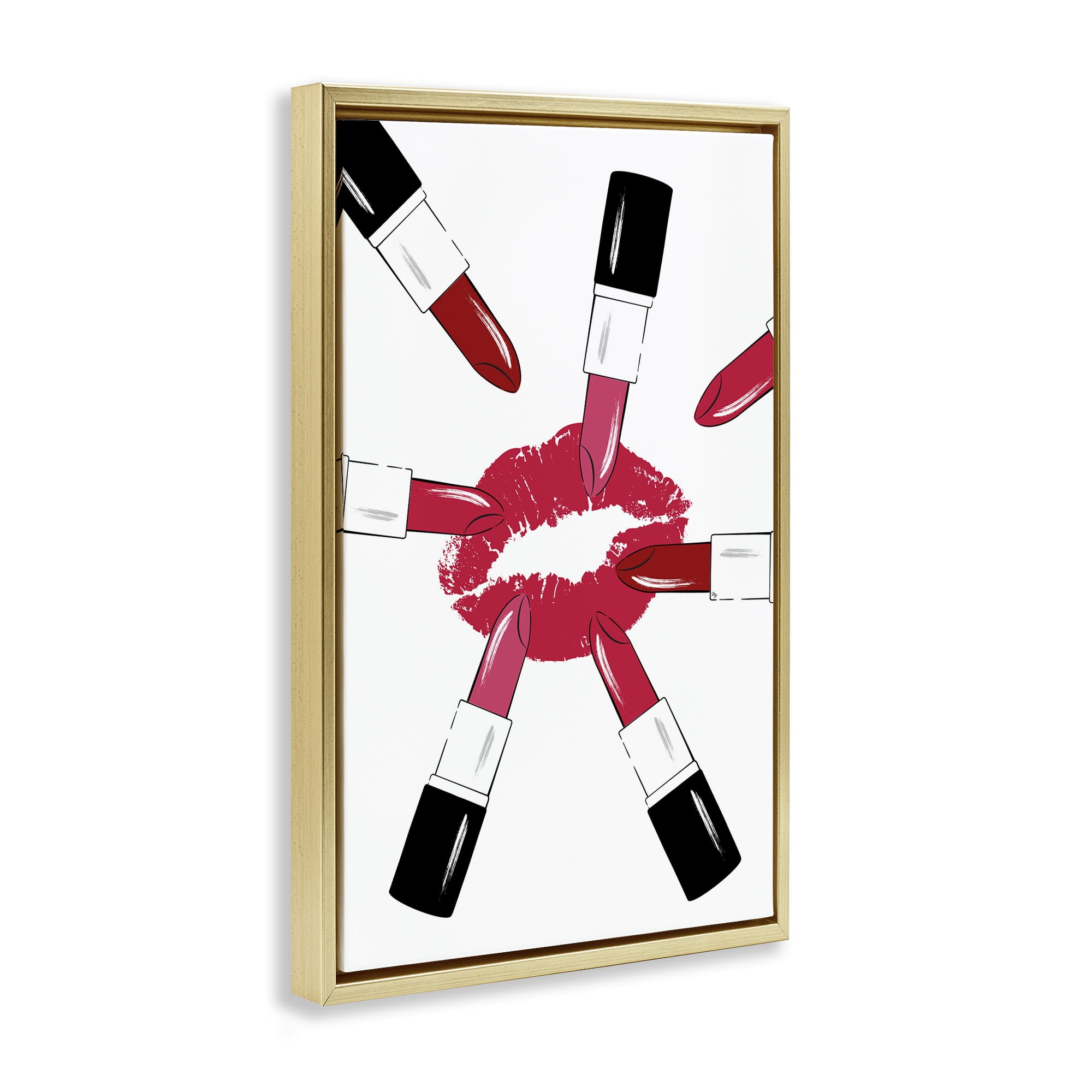 Stupell Industries Lipsticks & Kiss Beauty & Fashion Painting Gold Floater Framed Art Print Wall Art, 17 x 25