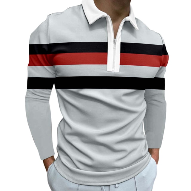 Ketyyh-chn99 Polos Chemises pour Hommes à Manches Longues Grandes Tailles Chemises Polo pour Hommes, Chemise Décontractée à Fermeture Éclair Col Rabattu Chemise à Rayures Polos Chemise Formelle Hauts à Manches Longues pour Hommes Polos pour Hommes Rouge,G