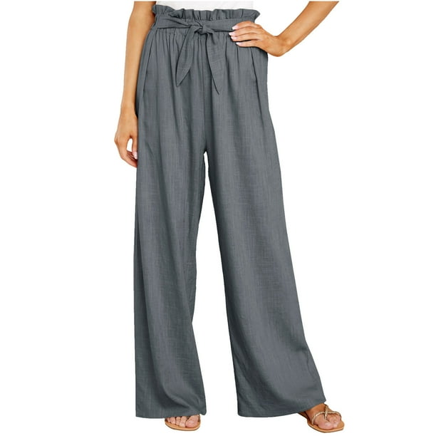 Pantalones Largos de Pierna Ancha Informales de Algodón Sólido Con Cordón de Lino Y Cintura Elástica Para Mujer Odeerbi ODB-6