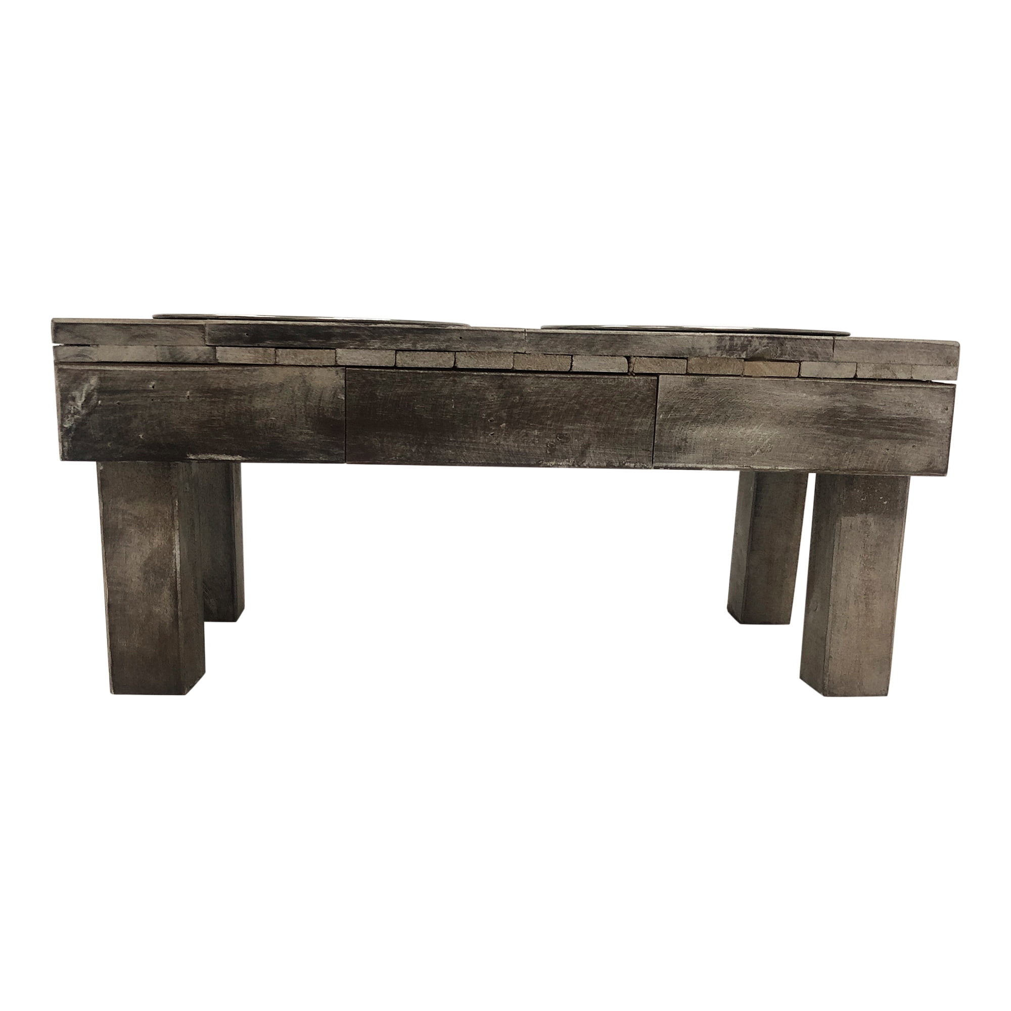 Huntley Pet Berjen Table Elevated Double Bowl Pet Feeder, Brown Wash (Small)