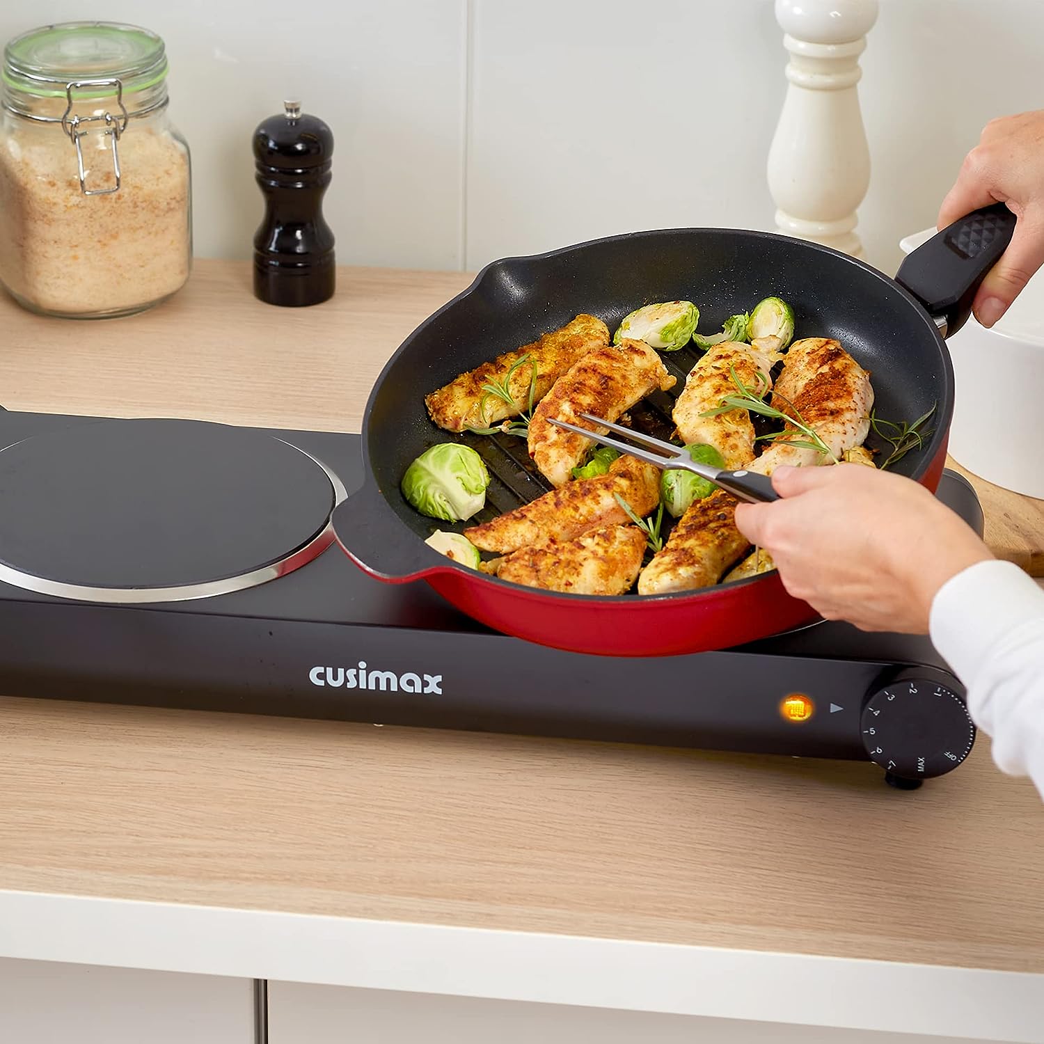 CUSIMAX 1800W Electric Infrared Double Hop Plate, Stainless Steel, Portable, Easy to clean, Red.