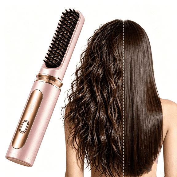 Zayman Cordless USB Rechargeable Mini Hair Straightener Brush, Travel Straightening Comb with 4 Heat Settings Negative Ion Anti-Scald