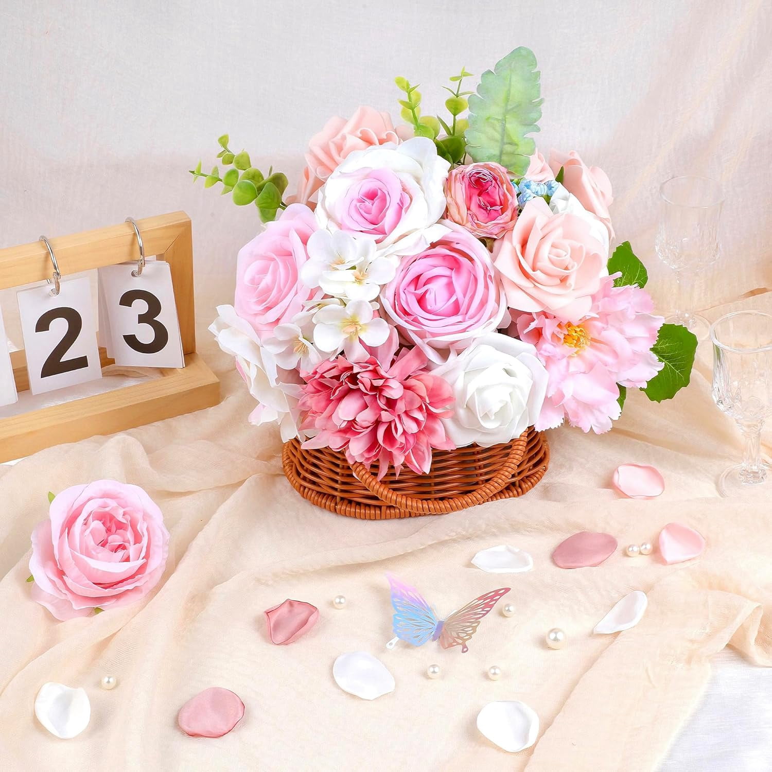 Blue Pink Artificial Flowers Combo, Roses Fake Flowers with Stems Wedding Pastel Flowers for Decorations DIY Bouquets Centerpieces Floral Arrangements Decor