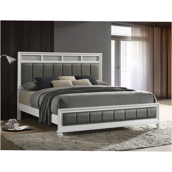 JERFIT White Upholstered King Size Bed with Metallic Leatherette Panels and Classic Turned Feet for Modern Master Bedroom