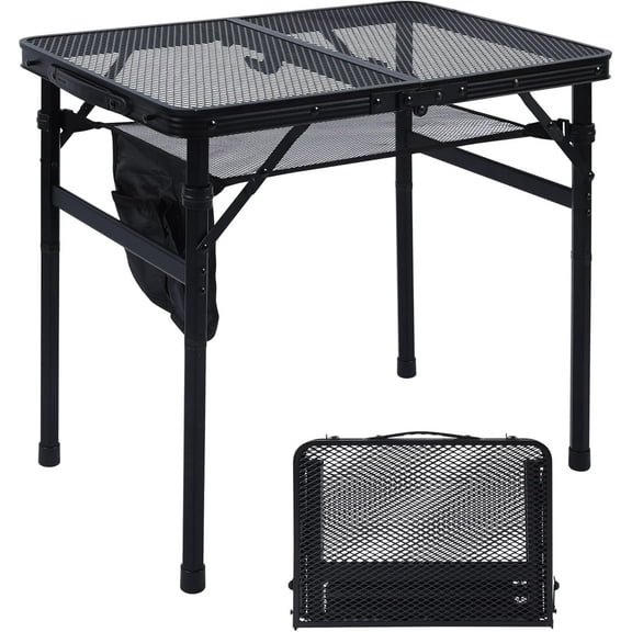 Camping Table, 2x1.3 FT Portable Folding Grill Table, Lightweight Height Adjustable Metal Tables with Mesh Desktop and Mesh Bag, Outdoor Tables for Camping, Picnic, Beach and BBQ, Black