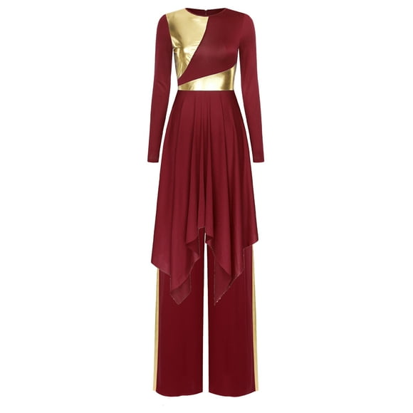 Mufeng Robe de Danse Liturgique Irrégulière à Blocs de Couleur Métallique pour Femmes + Pantalon Grand Ensemble Bourgogne TTG