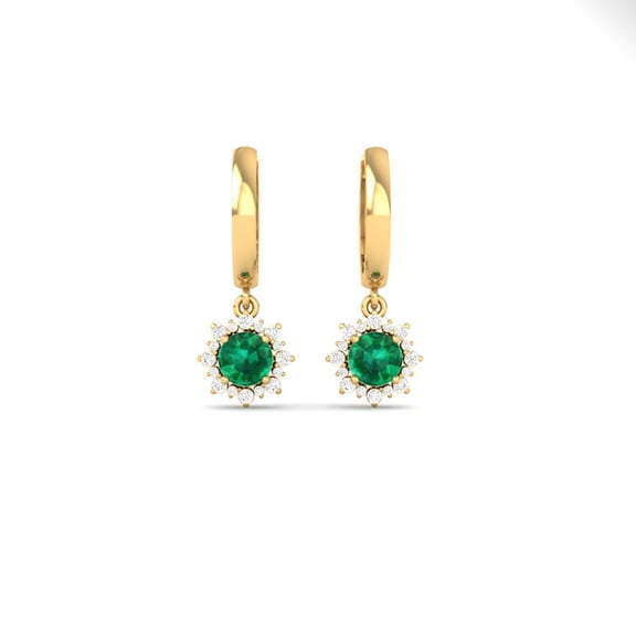 Pure Elegance Sunburst Round Cut Green Emerald & Diamond Cluster 925 Silver 14K Rose Gold Over Drop Dangle Earrings