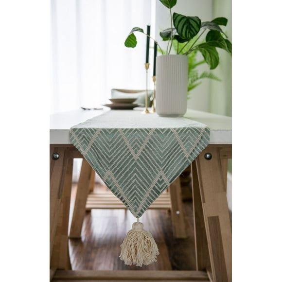 Nvzi Triangle Tassel Table Runner Green Wave Nordic Jacquard Geometric Table Flag Tassel Fashion Tea Flag Meal Flag Long Strip Polyester Cotton Tablecloth,Green 11.81*55inch