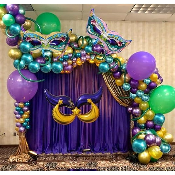 Mardi Gras Balloon Garland Kit,108 PCS Purple Green Gold Balloons Mask Sign Foil Balloons for Mardi Gras Masquerade New Orleans Party