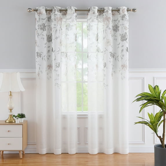 Haperlare Floral Sheer Curtains Gray 84 inches Long White Living Room Sheer Curtains Grommet Window Coverings for Home Office Dorm Nursery, 2 Panels