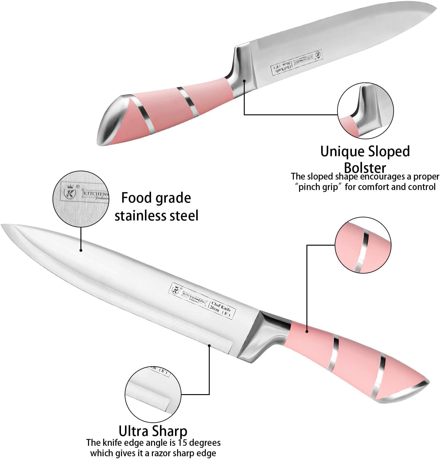 Kitchen Knife Set, 9-Pieces Pink Sharp Non-Stick Coated Chef Knives Block Set, Stainless Steel Knife Set for Kitchen with Sharpener for Cutting Slicing Dicing Chopping