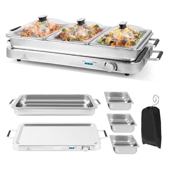Buffet Server & Electric Food Warmer, 2-in-1 Food Warming Tray, Adjustable Temperature, 3 Food Pans with Lids, Dishwasher Safe, 8 QT Stainless Steel Chafing Dishes for Parties Holiday Events
