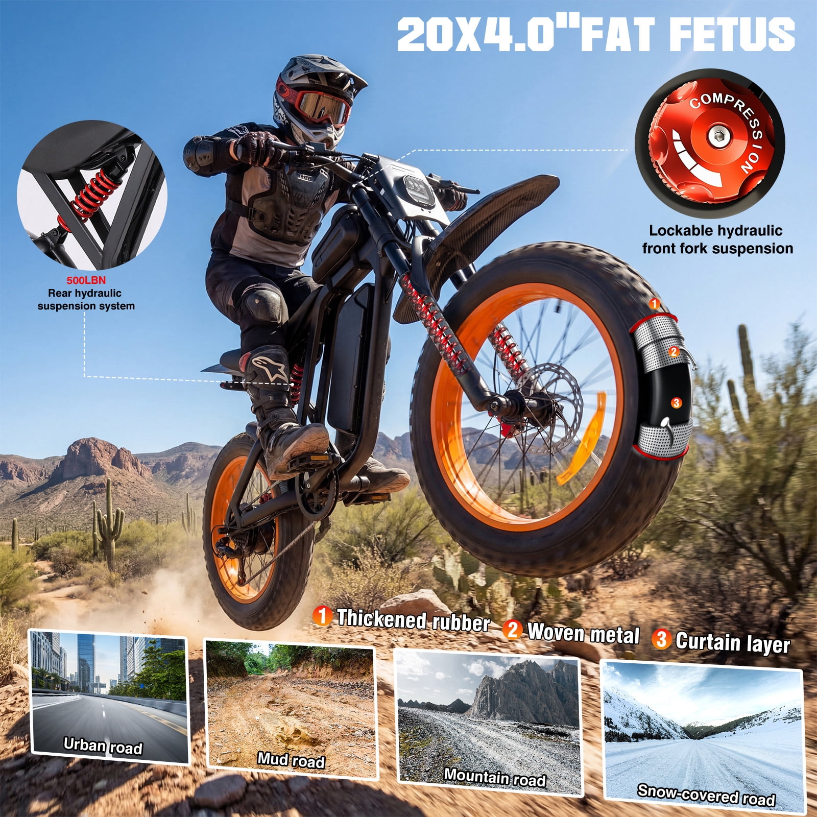 20”Fat Tire Electric Bicycle, 2000W Adult Electric Bicycle, 48V 18Ah Battery, 55Mile Range, Top Speed 35Mph, Front And Rear Hydraulic Suspension + Hydraulic Disc Brakes, 7-Speed, MAX 400LBS