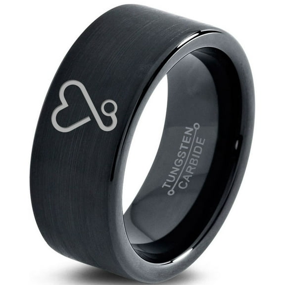 Tungsten Heart Cancer Survivor Love Band Ring 9mm Men Women Comfort Fit Black Flat Cut Brushed Polished
