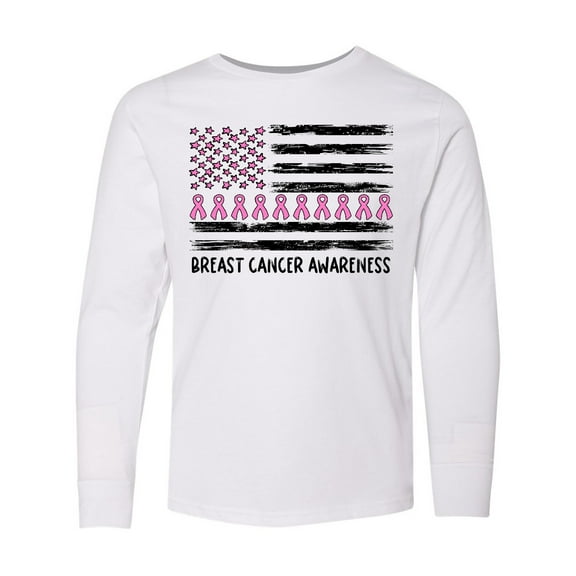 Inktastic Breast Cancer Awareness Pink Ribbons and Flag Long Sleeve Youth T-Shirt