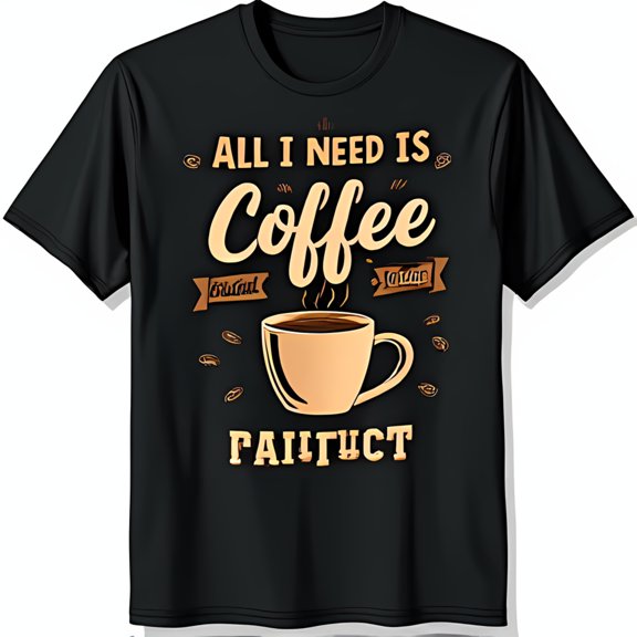 Coffee Lovers Black T-Shirt 'All I Need is Coffee' with Cup & Beans Design