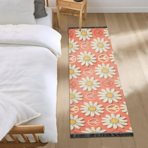 Groovy Daisy Flower with Peace Symbol Runner Area Rug 2x6 Soft Non-Slip Washable Bedside Carpet for Hallway Bedroom Living Room Home Decor