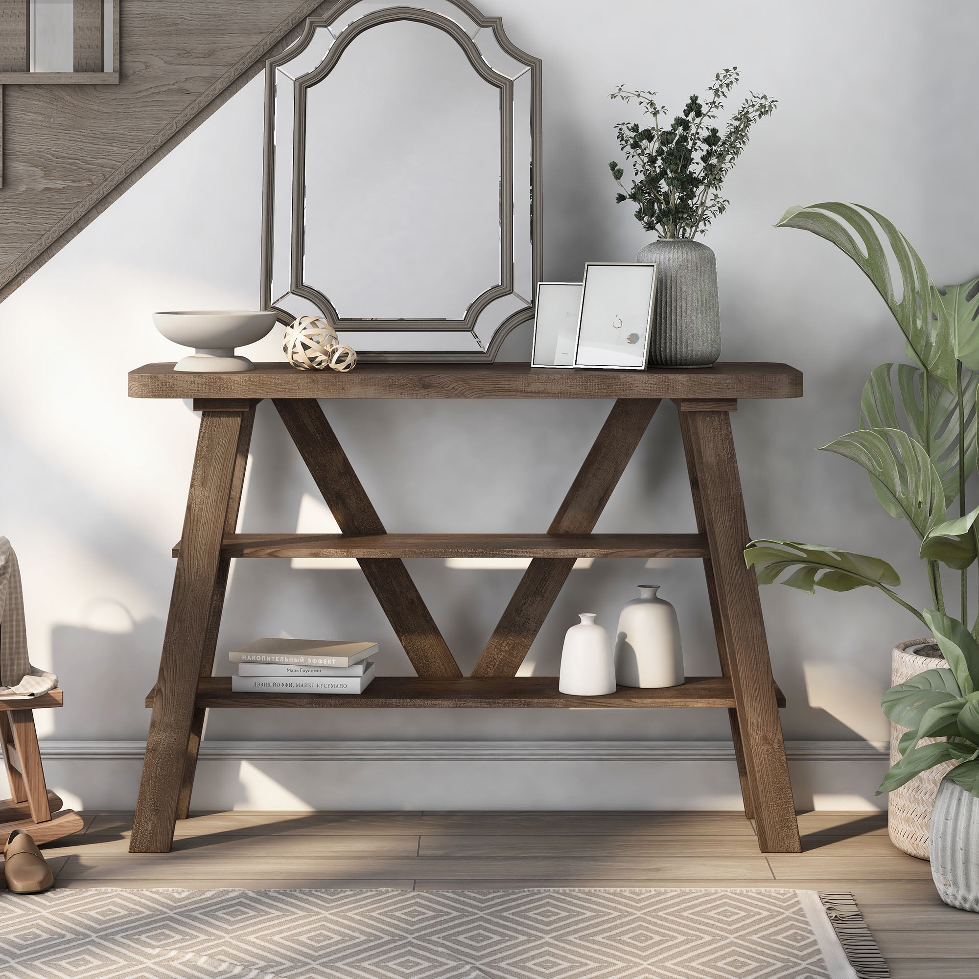 Furniture of America Birch 2-Shelf Console Table, Reclaimed Oak