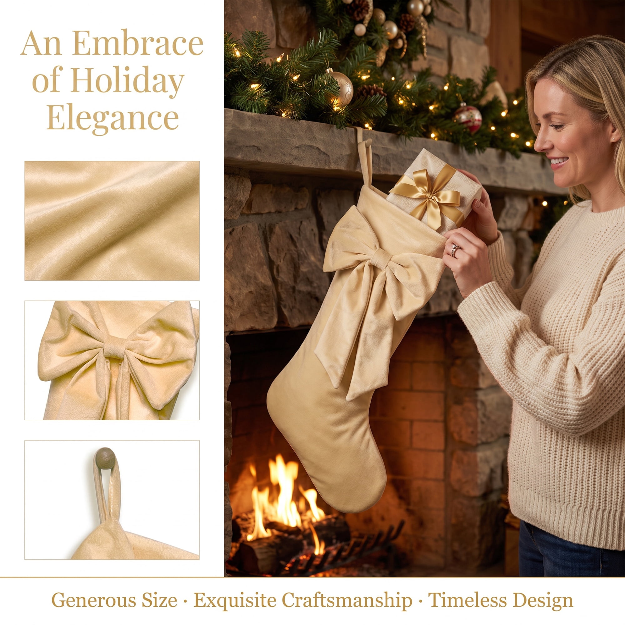 Unique Bargains Double-Layer Whimsical Extra-Large Hearthside Gift Stocking Champagne 18"