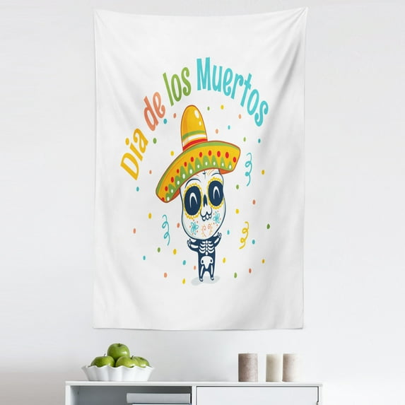 Dia de los Muertos Tapestry, Day of the Dead Concept Cartoon Style Drawing Funny Skeleton, Fabric Wall Hanging Decor for Bedroom Living Room Dorm, 5 Sizes, White and Multicolor, by Ambesonne
