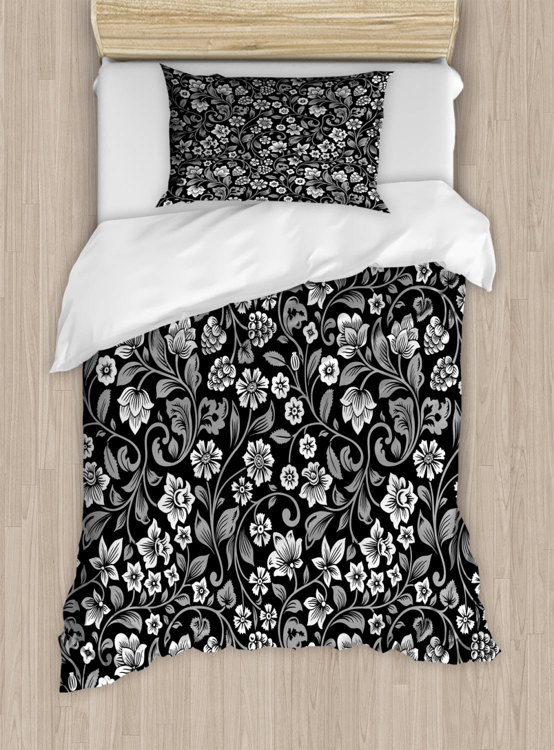 Black and Grey Duvet Cover Set Twin Size, Continuous Floral Pattern