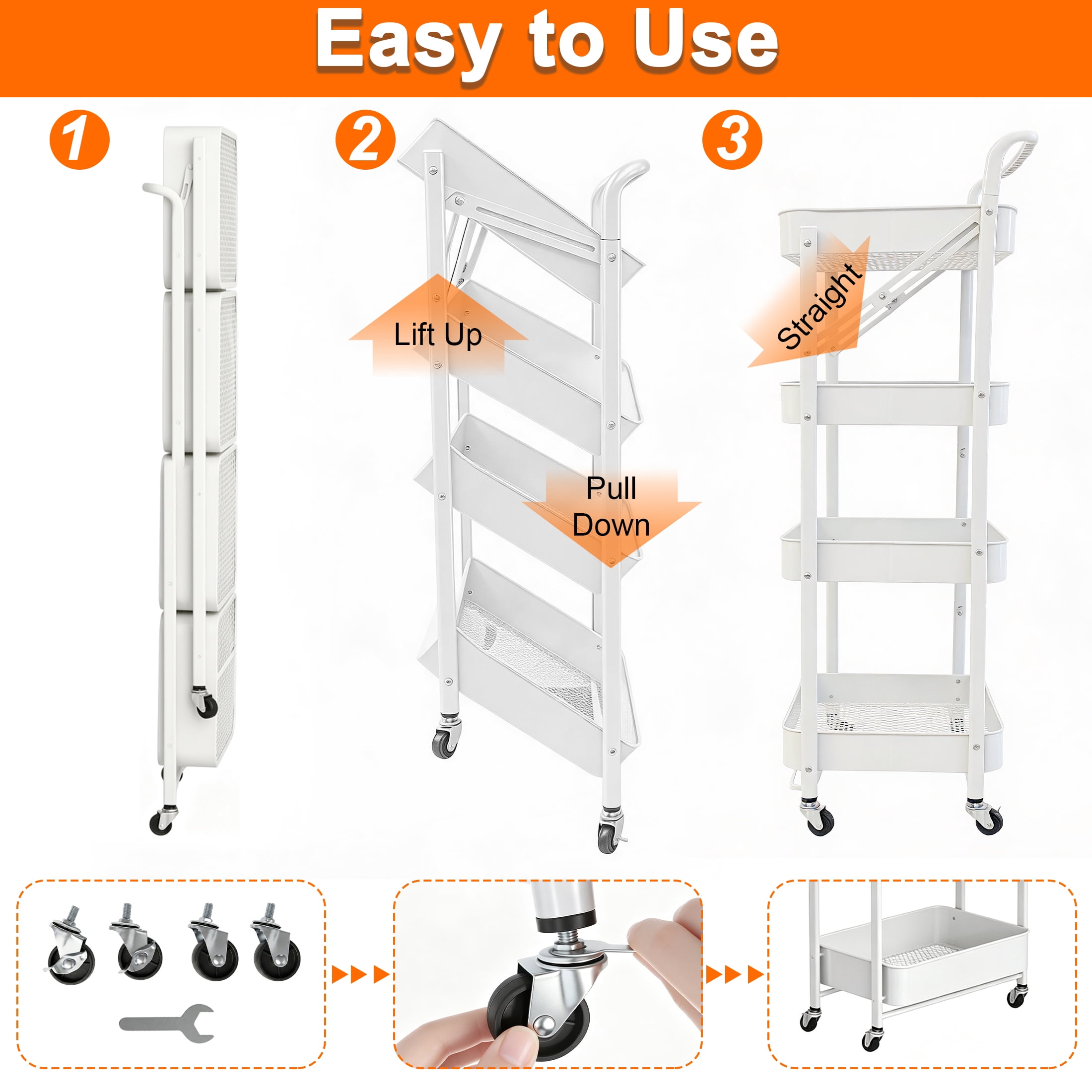 CISILOV 4-Tier Foldable Rolling Storage Cart, Mobile Utility Cart with Wheels & Handle, Metal Mesh Organizer Cart for Kitchen, Bathroom, Living Room, Bedroom, White