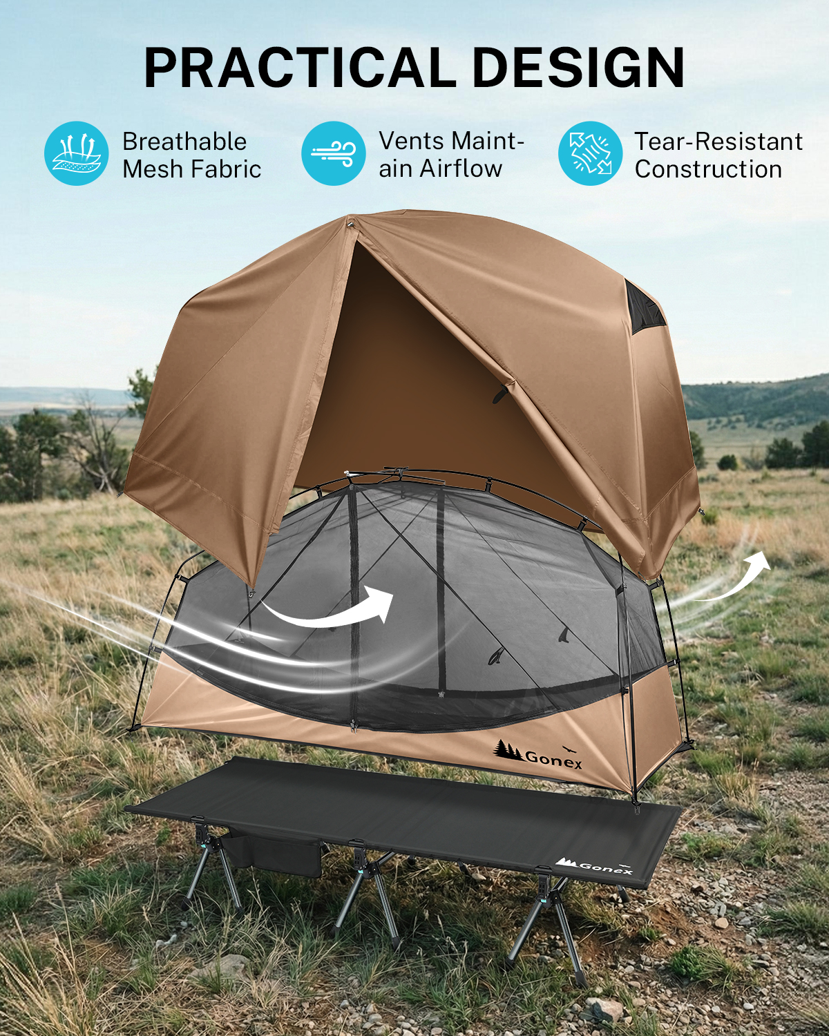 Combo carpa y catre Gonex para adultos, catre elevado para 1 persona, capacidad de 350 libras, ancho de 31.5 pulgadas, y carpa de doble capa impermeable para actividades al aire libre, caqui 2