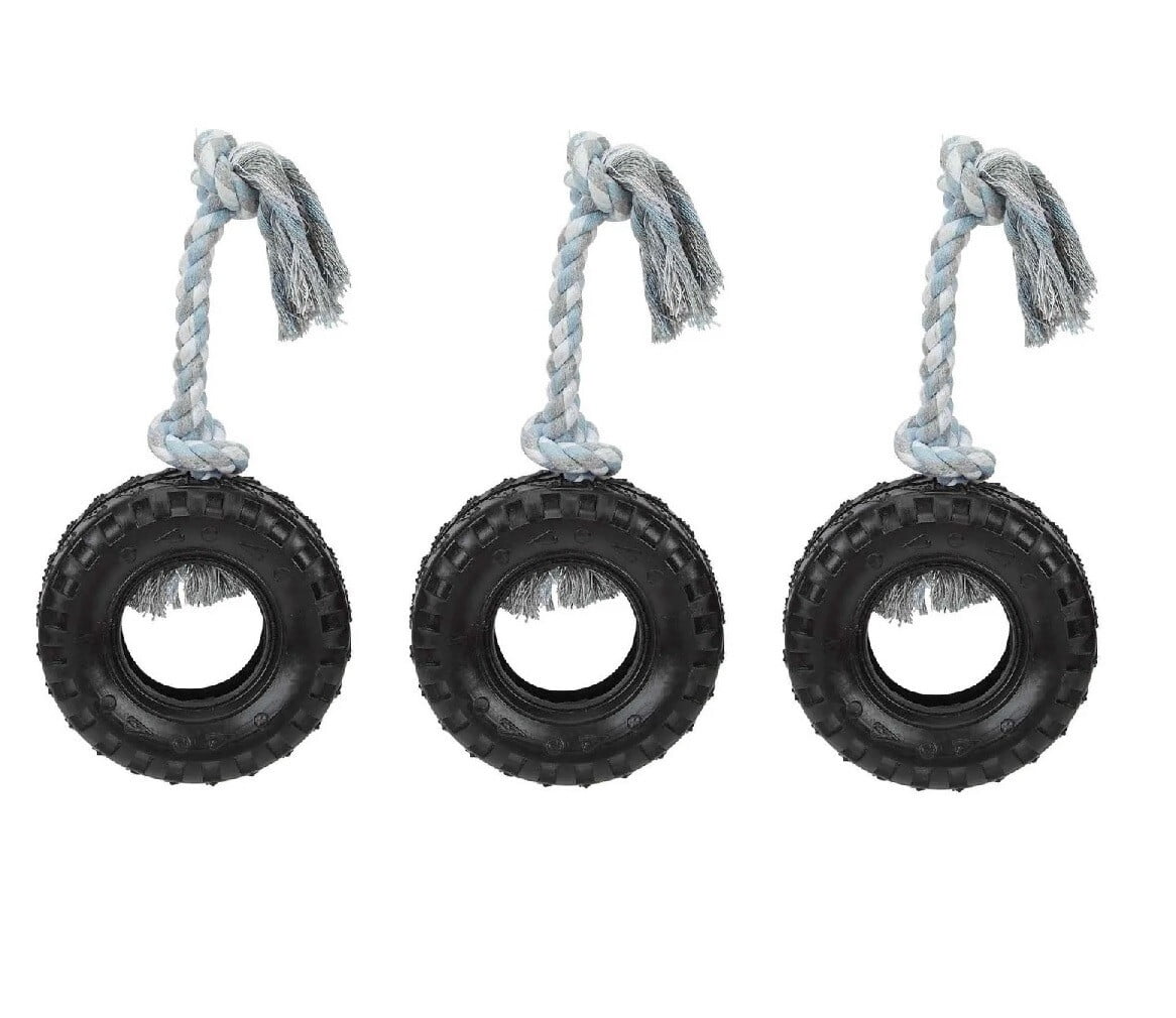 Mighty Tire Dog Toy 16" Rope Tough Rubber Textural Gum Massaging Tug Toss Fetch (2 Toys)