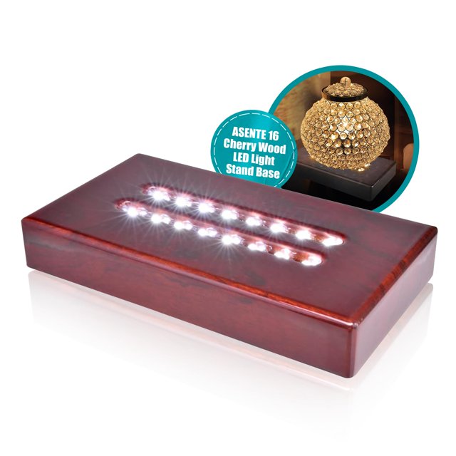 ASENTE 16 LED Light Base for Glass Art - Illuminated Rectangle Display Pedestal - Lighted Stand For 3D Crystal and Glass Sculptures - Adapter Plug Powered - 6.50 Inch Lighted Mirror Box (Cherry Wood)