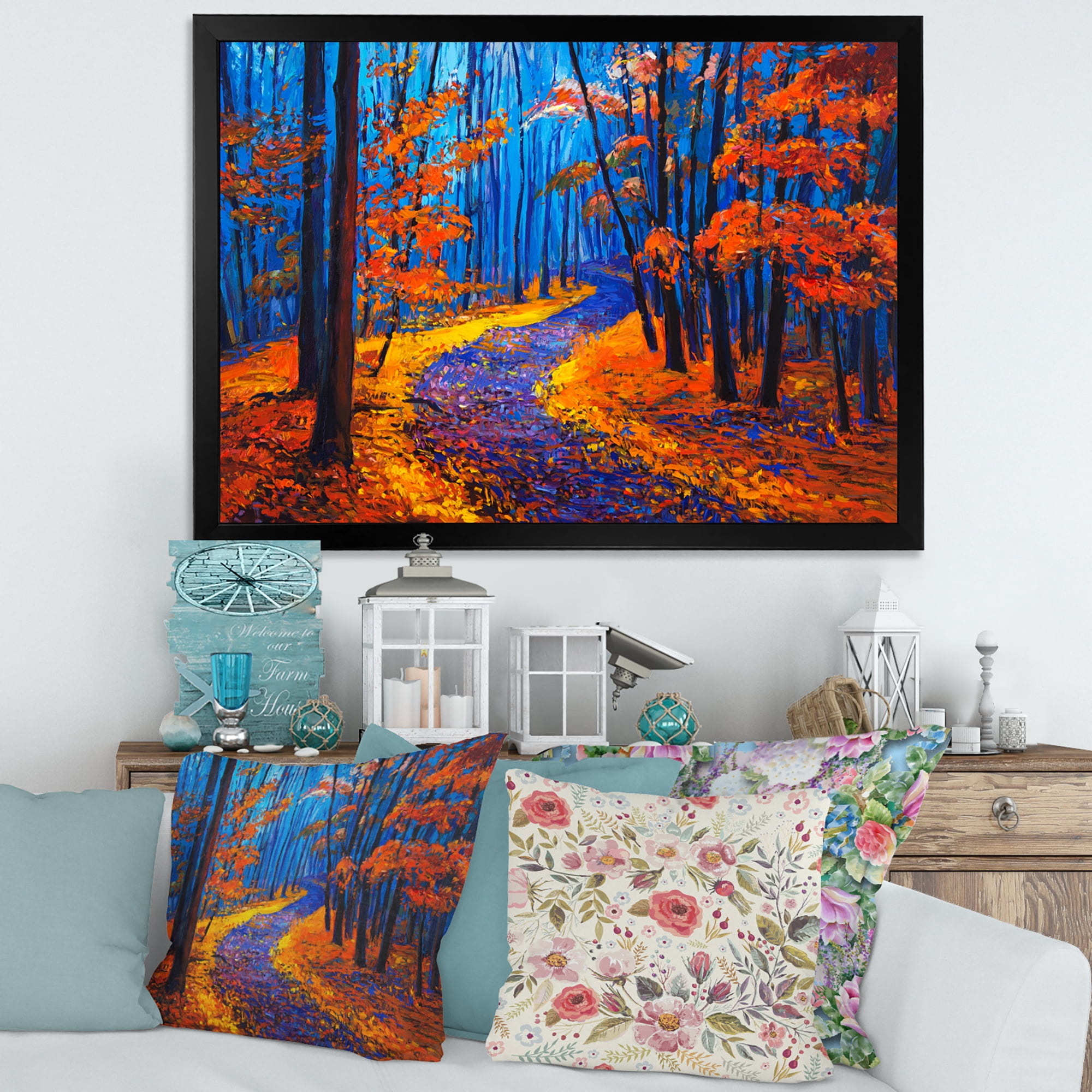 Designart 'Orange Autumn Landscape With Little Road I' Traditional Framed Art Print