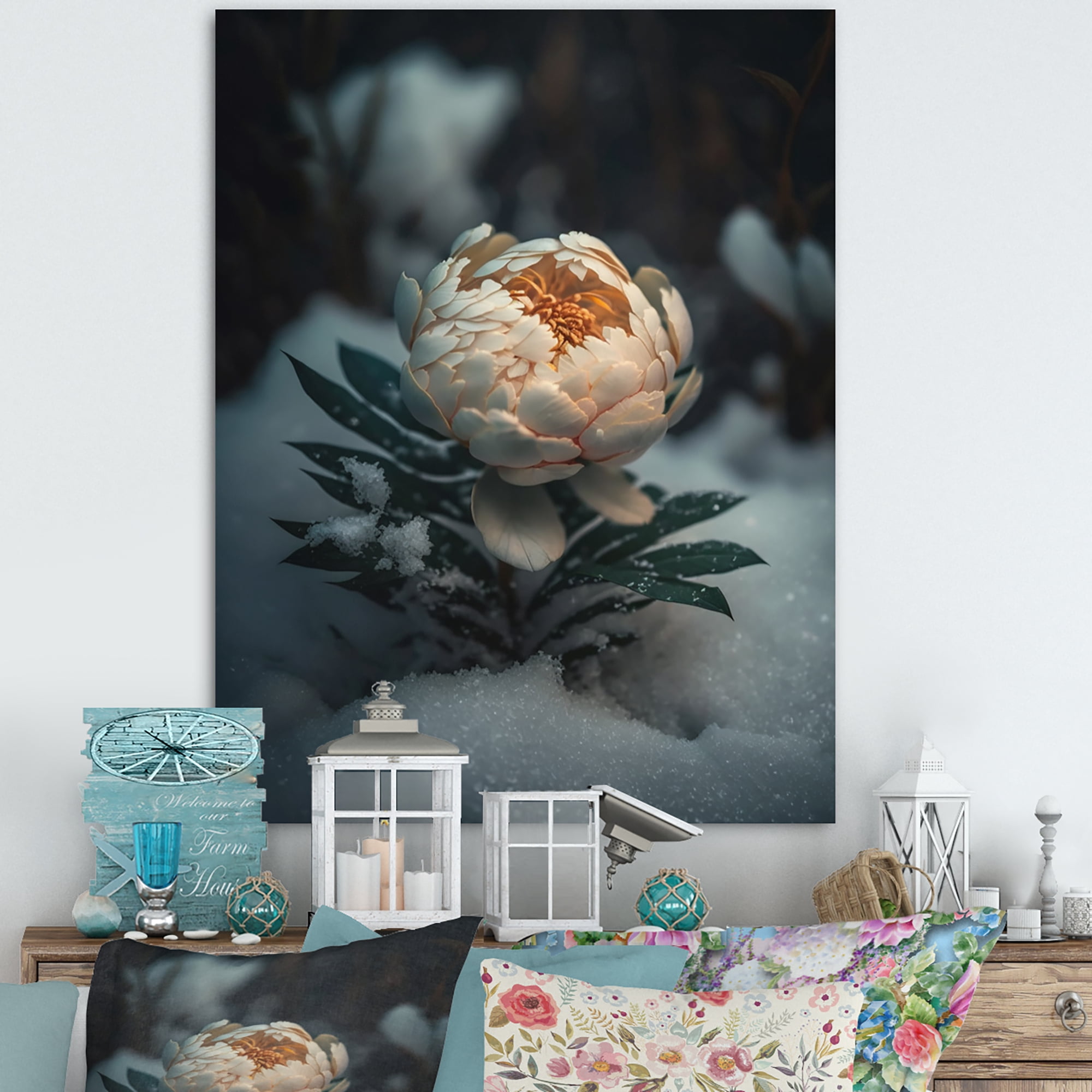 Designart A Blooming White Peony Flower In Winter IV Canvas Wall Art