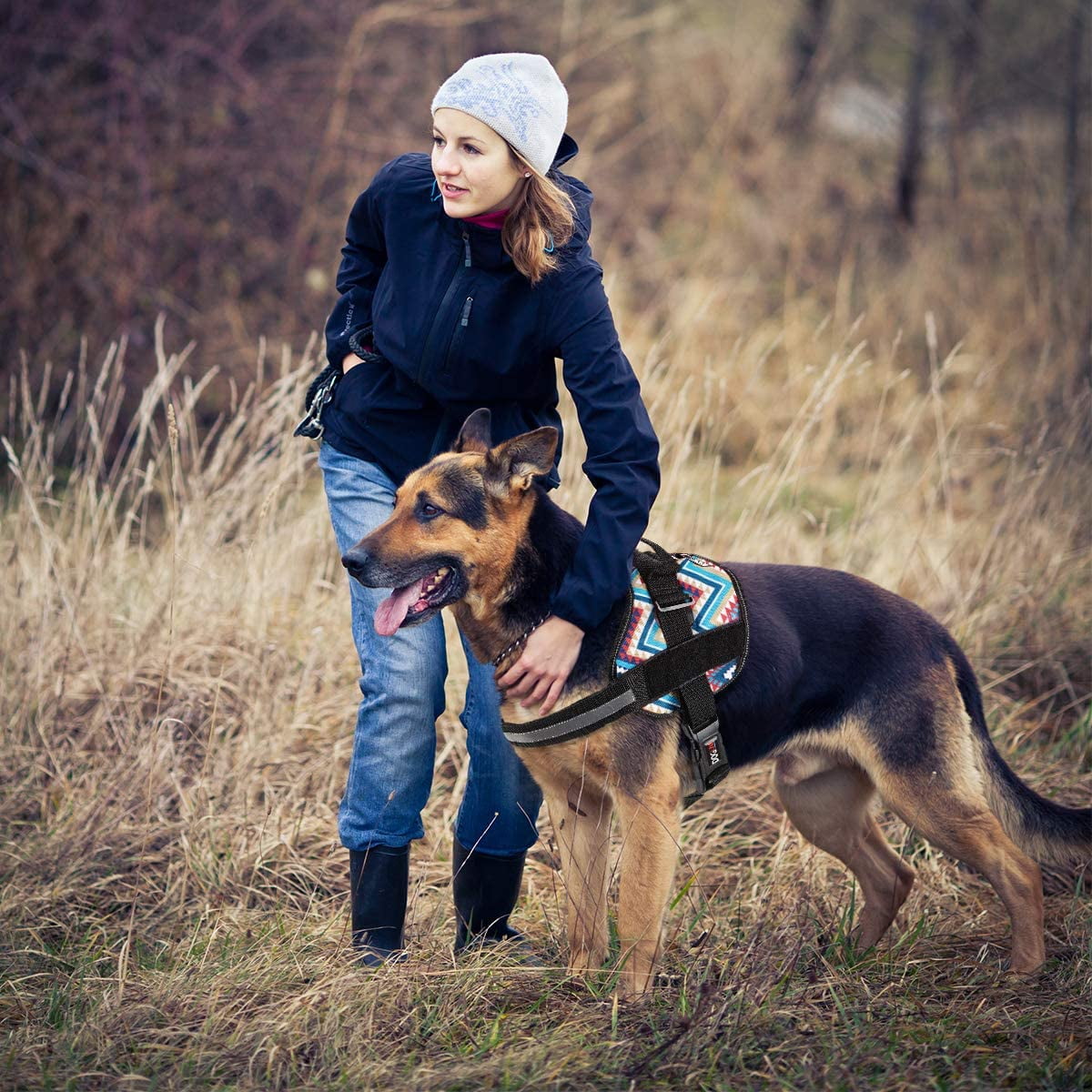 DogLine - Dog Harness, Reflective No-Pull Adjustable Pet Vest with Handle for Walking, Training, Service and Outdoors - Breathable No - Choke Room for Patches( Aztec Design: Girth 18" - 25")