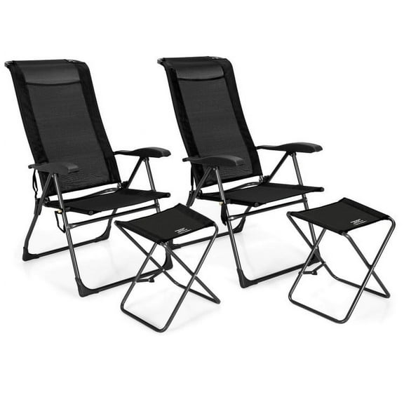 Yardi Yard 4 Pieces Patio Adjustable Back Folding Dining Chair Ottoman Set-Black, Outdoor Furniture Chairs for Backyard, Porch, Garden, Poolside