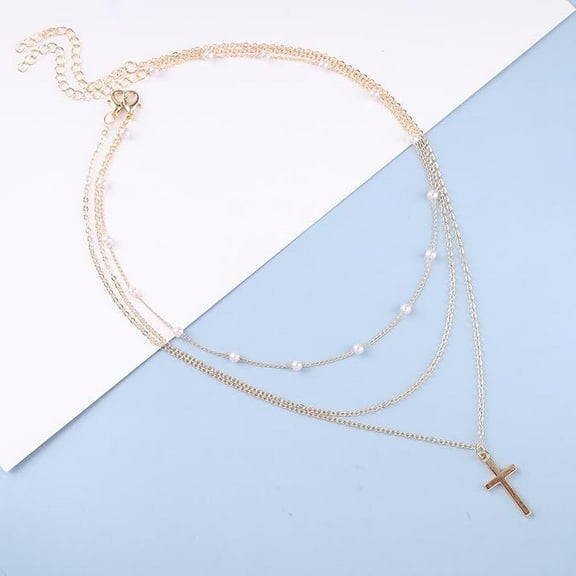 1 Layered Gold Cross Necklace with Pearl Details, Elegant Religious Jewelry，gold necklace，necklaces for women，jewelry women，christmas gifts