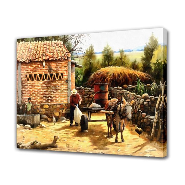 Cuadro decorativo de un burro tirando de un carro, póster en lienzo, decoración de dormitorio, paisaje deportivo, decoración de oficina, regalo, estilo marco, 16 x 24 pulgadas (40 x 60 cm)