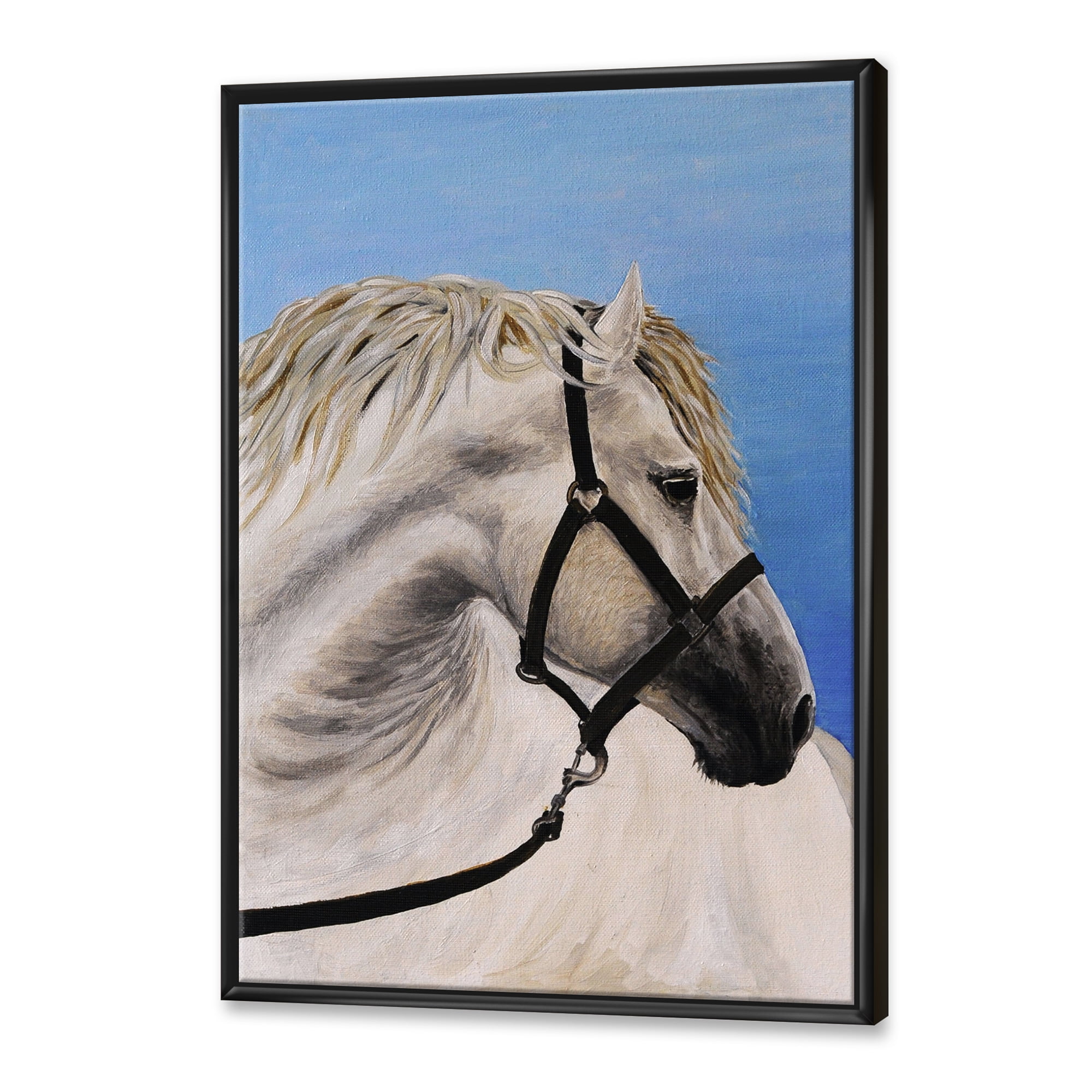Designart 'Close Up Of White Horse In The Furrow' Farmhouse Framed Canvas Wall Art Print