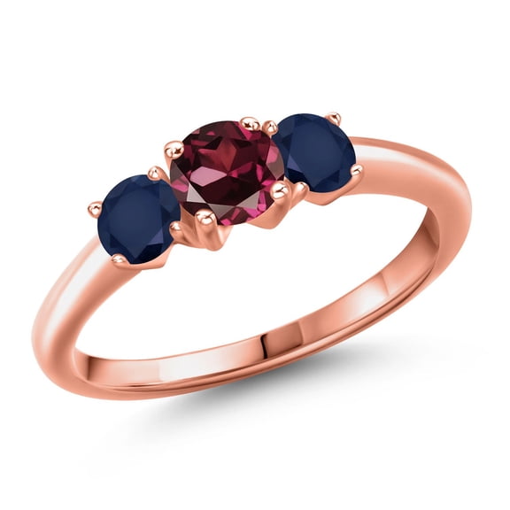 Gem Stone King 18K Rose Gold Plated Silver Red Rhodolite Garnet and Blue Sapphire Engagement Ring for Women | 1.30 Cttw | Round 5MM | Gemstone January Birthstone | Size 8
