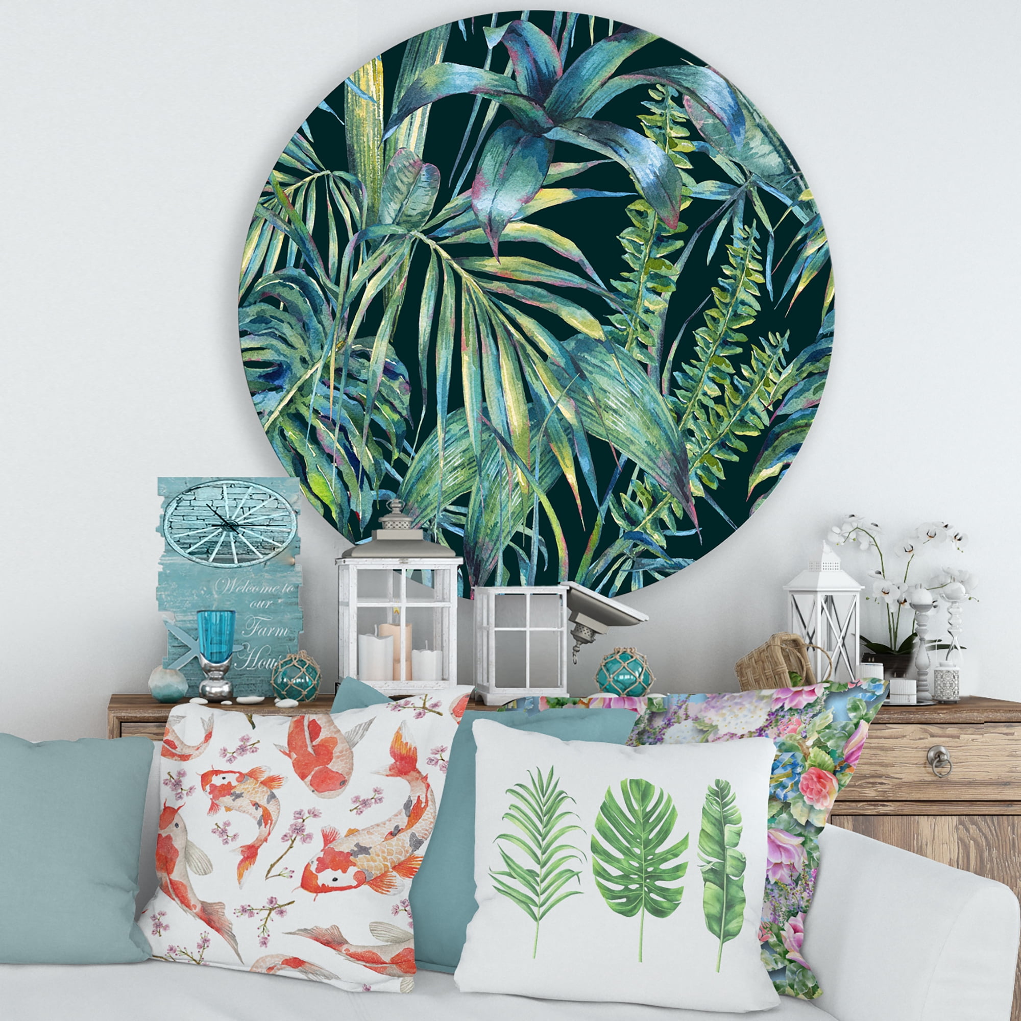 Designart 'Natural Green Leaves Exotic On Dark I' Tropical Circle Metal Wall Art 29x29 - Disc of 29