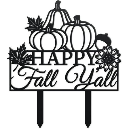 Fall Pumpkin Metal Decorative Garden Stakes Funny Happy Fall Y'all Metal Outdoor Statues Funny Maple Leaves Black Silhouette Ornament Gifts for Thanksgiving Party Autumn Harvest Lawn Walkway