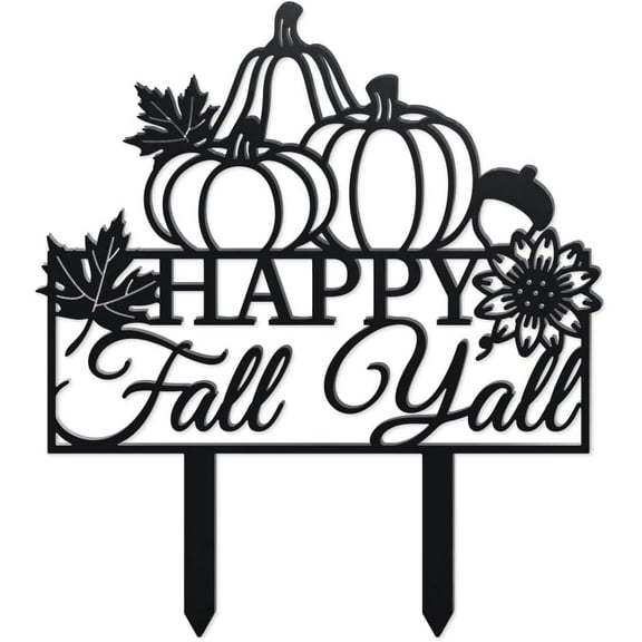 Fall Pumpkin Metal Decorative Garden Stakes Funny Happy Fall Y'all Metal Outdoor Statues Funny Maple Leaves Black Silhouette Ornament Gifts for Thanksgiving Party Autumn Harvest Lawn Walkway