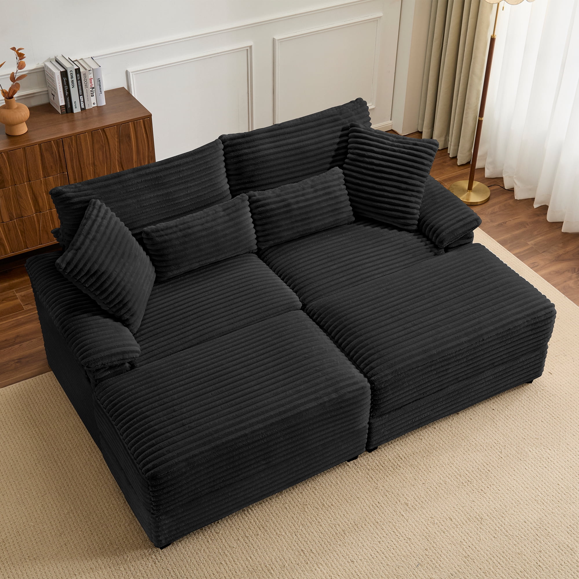 Alvantor 74" Sofa Loveseat with Reversible Ottoman & USB Port Corduroy Chaise Couch for Living Room Black