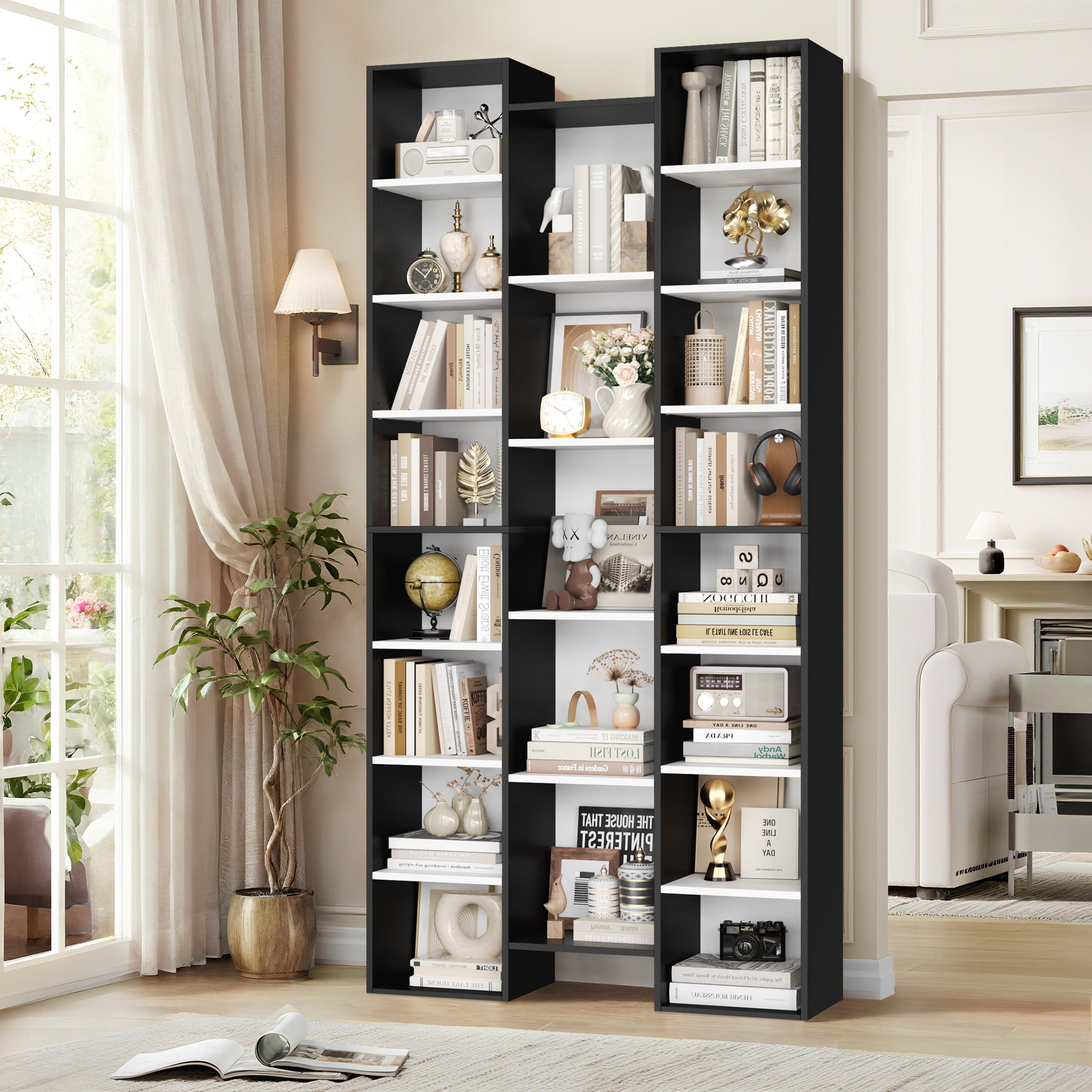 Homfa 21-Cube Bookcase, 71’’ Tall Wooden Bookshelves with Adjustable Shelves, Triple Wide CD Display Storage Organizer Shelf for Home Office, Black+White
