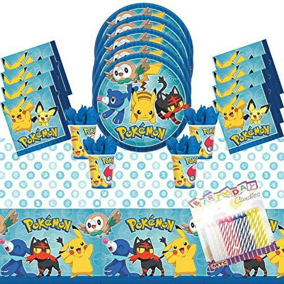 Pokemon Party Supplies Pack Plates Napkins Cups and Table Cover with Birthday Candles (Bundle for 8)