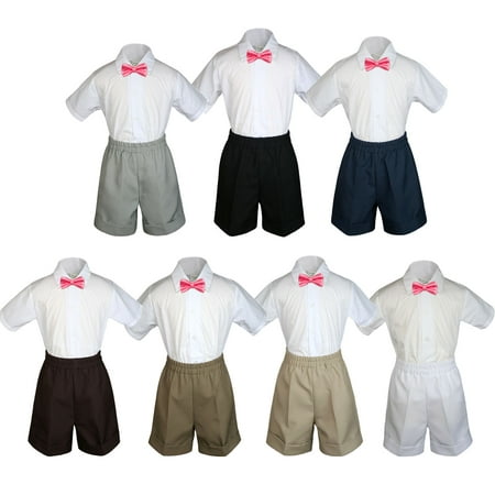 

3pc Set Boy Toddler Formal Party Coral BowTie White Navy Black Khaki Shorts S-4T