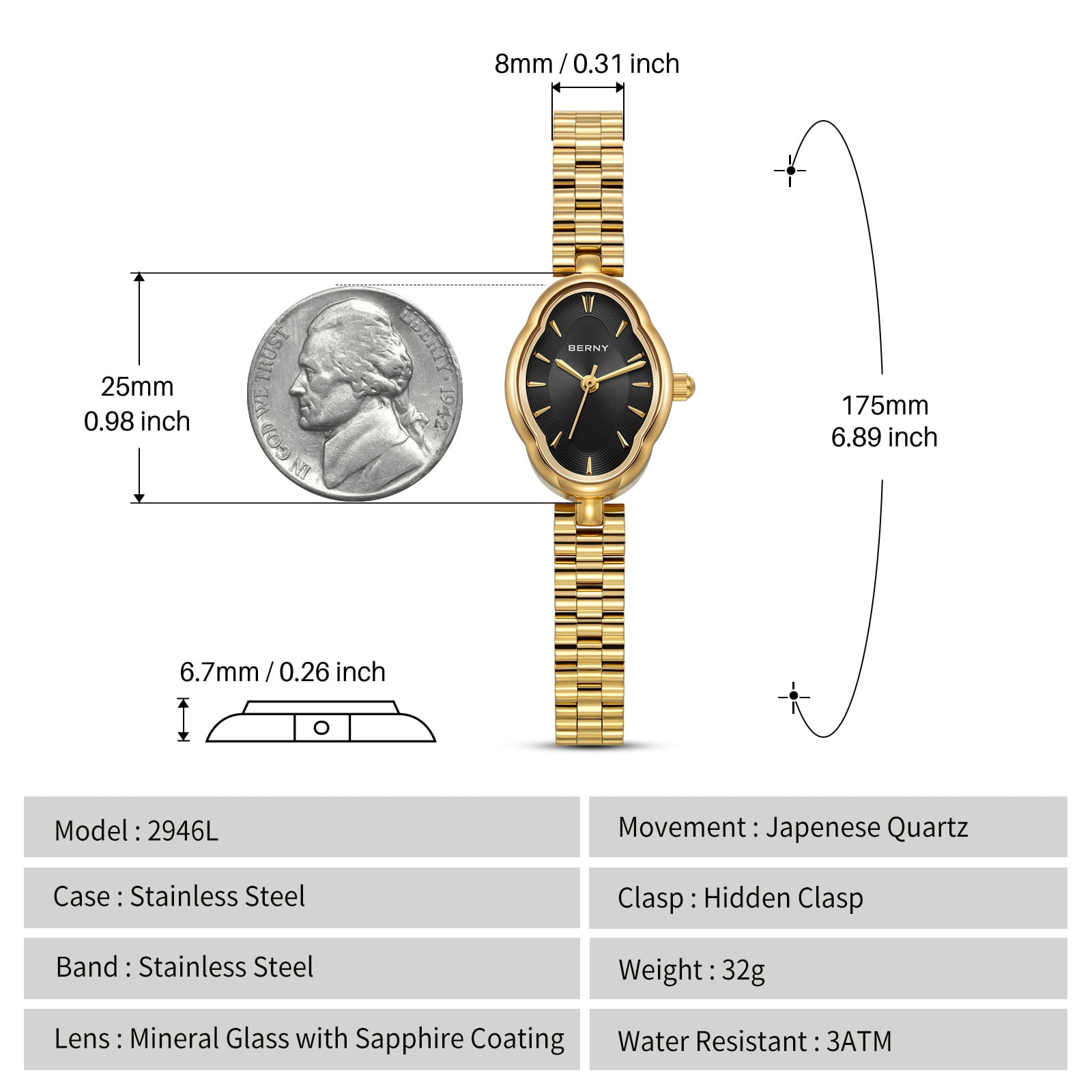 BERNY Small Gold Watches for Women Dainty Vintage Ladies Analog Quartz Bracelet Watch, Adjustment Tool Included Stainless Steel Waterproof, Fashion Luxury Womens Wrist Watches Gifts (Black)