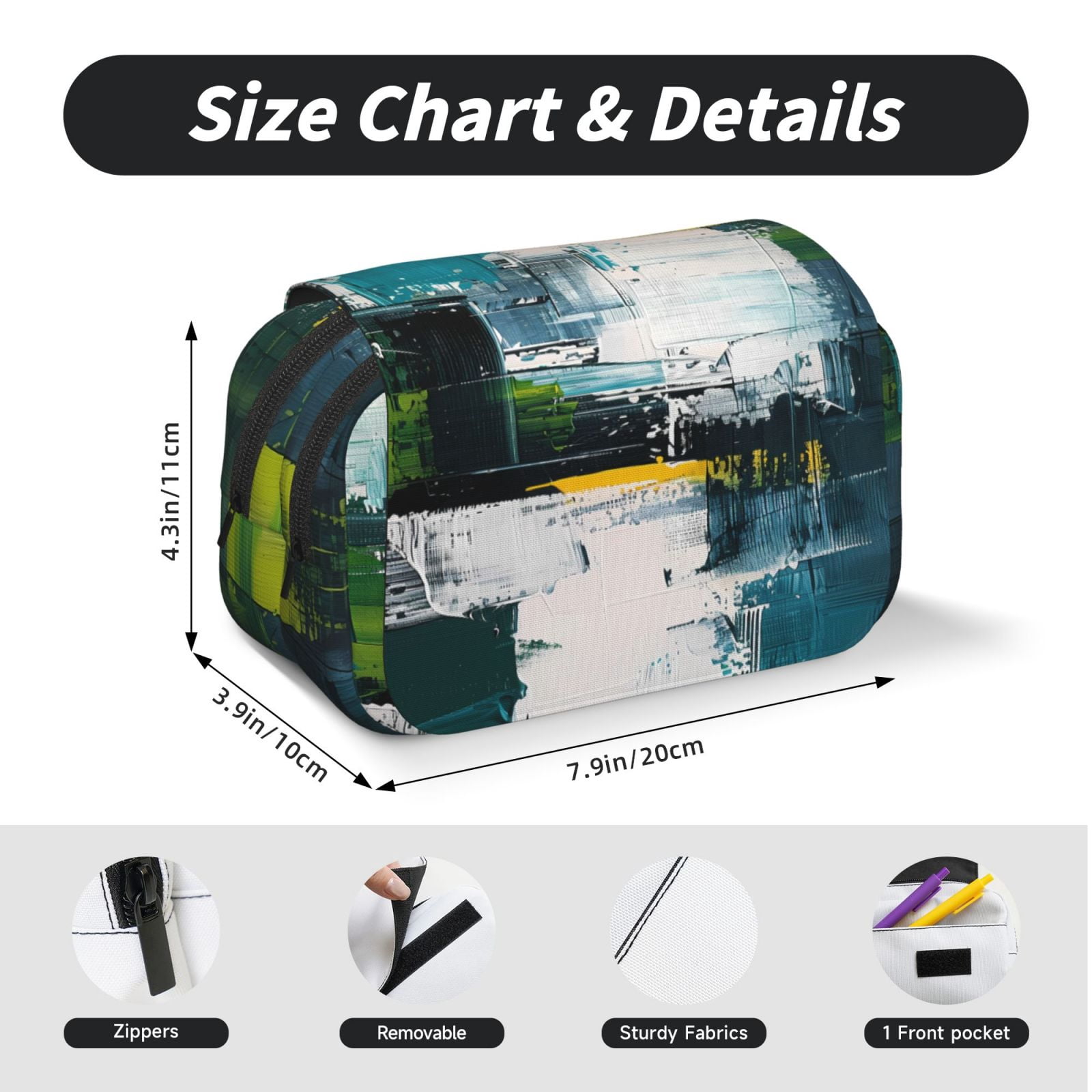 Rateoe Abstract Brushstrokes Green Blue Pattern Double Clamshell Pen Case, Storage Organizer with Two Zipper Compartments– Holds Up to 50 Pencils & Pens